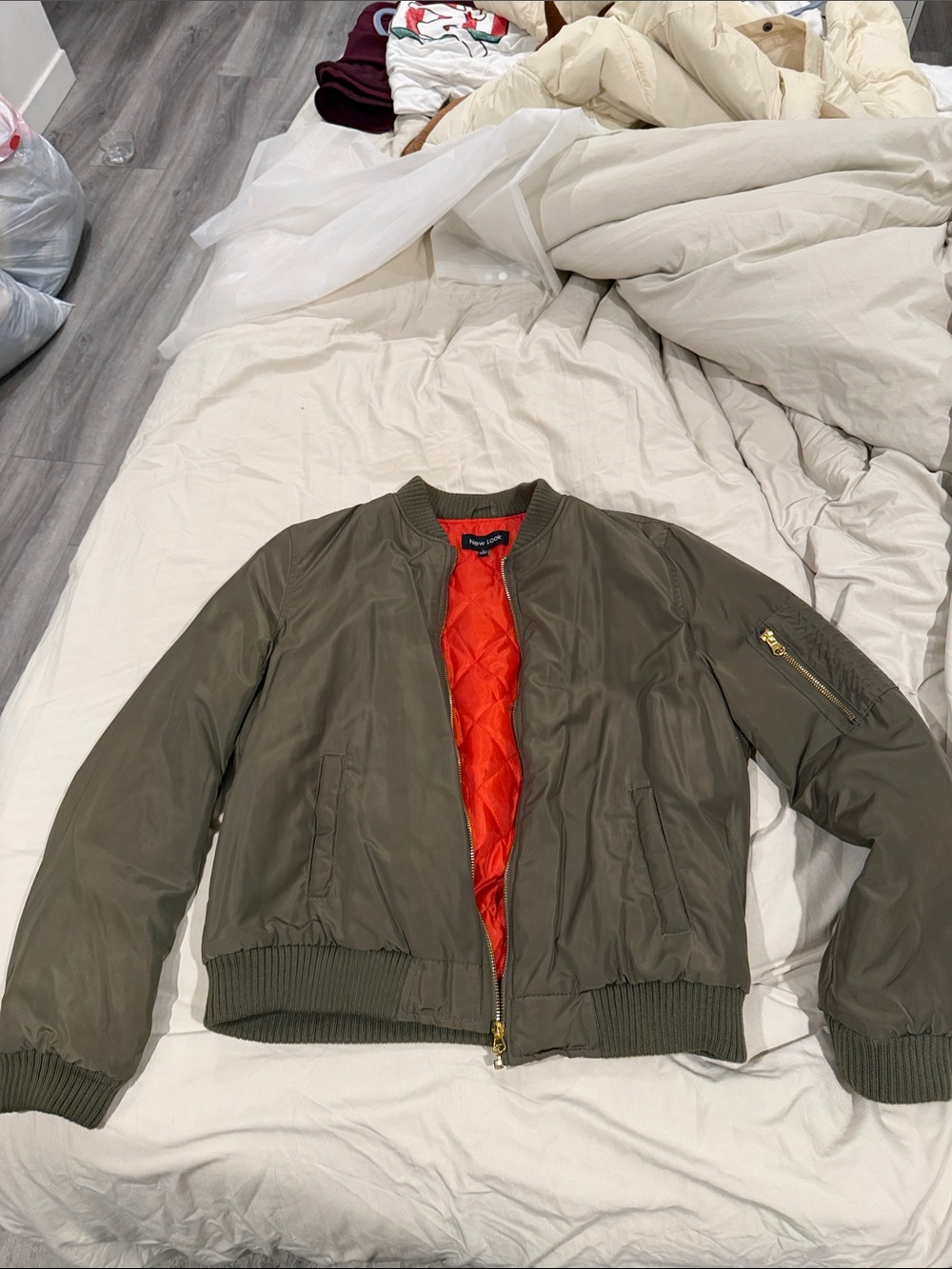 New Look Olive Green Bomber Jacket with Orange Lining